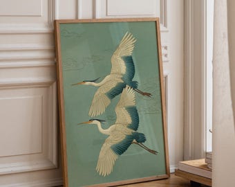 Japanese Crane Wall Art, Ukiyo-e Inspired Bird Print, Japandi Minimalist Decor, Heron Illustration Poster, Teal Nature Artwork