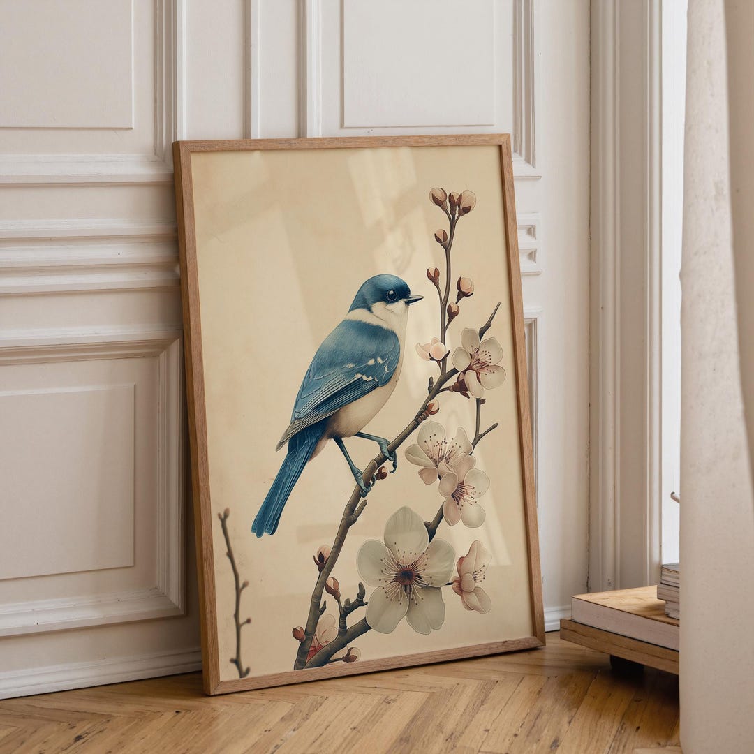 Vintage Blue Bird Botanical Wall Art, Grandmillennial Floral Bird Print ...