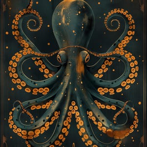 Art Deco Octopus Wall Art Print, Luxury Nautical Décor, Teal and Gold Ocean Artwork, Statement Coastal Office Art, Kraken Poster image 7
