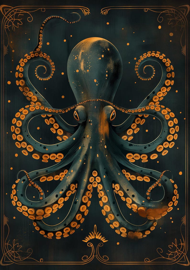 Art Deco Octopus Wall Art Print, Luxury Nautical Décor, Teal and Gold Ocean Artwork, Statement Coastal Office Art, Kraken Poster image 7