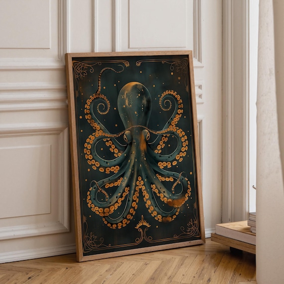 Art Deco Octopus Wall Art Print, Luxury Nautical Décor, Teal and Gold Ocean Artwork, Statement Coastal Office Art, Kraken Poster