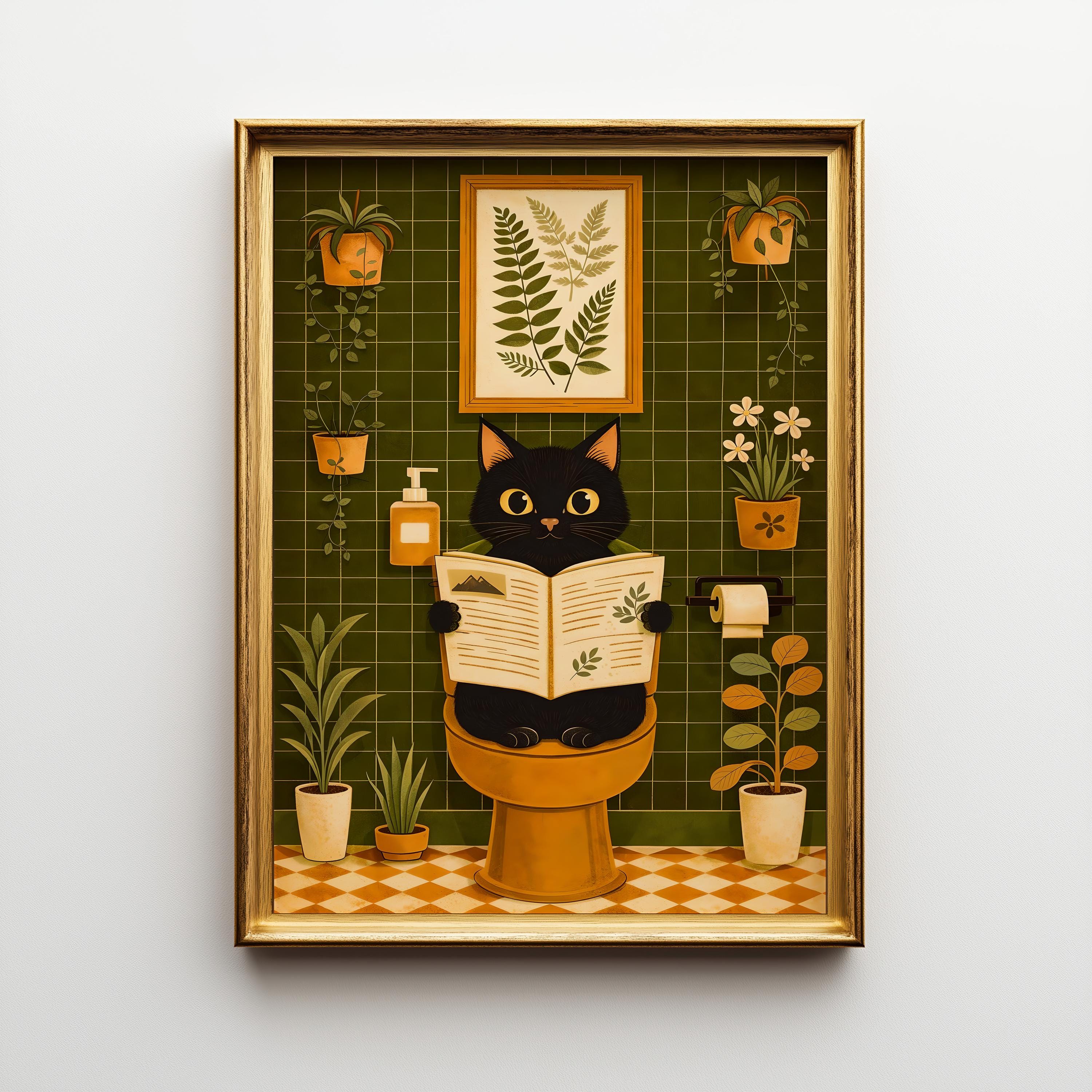Funny Black Cat Bathroom Wall Art, Cat Reading Newspaper Print, Quirky ...