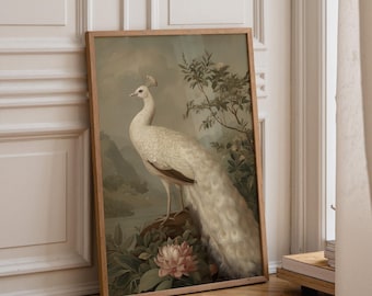 White Peacock Wall Art | Neutral Boho Bird Print | Elegant Nature Illustration | Minimalist Botanical Décor | Modern Living Room Artwork |