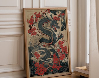 May include: A framed vertical wall art print featuring a dark blue, serpentine dragon winding through stylized clouds and vibrant red cherry blossom branches. The illustration uses a muted beige background with intricate line work and bold colors.