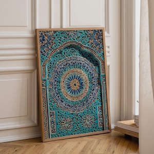 May include: A rectangular wall art piece in a light wood frame featuring an intricate, layered laser-cut design. The artwork displays a central circular mandala pattern in shades of turquoise, deep blue, and natural wood, set within an arched frame.