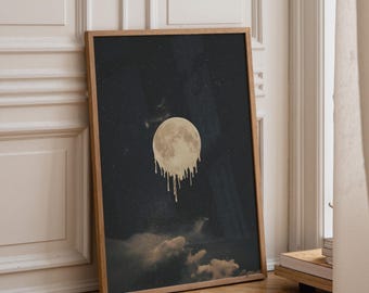 Melting Moon Wall Art Print, Surreal Lunar Poster, Celestial Moon Decor, Dark Dreamy Night Sky Artwork, Gothic Space Print (Framed Option)