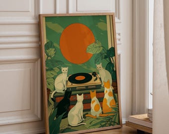 May include: A framed rectangular art print featuring a vibrant green background with a large orange sun. Five cats of various colours sit around a vintage record player surrounded by lush green tropical plants and large monstera leaves.