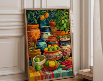 Mexican Kitchen Wall Art Print | Talavera Pottery & Produce Still Life | Colourful Mexican Décor | Rustic Boho Kitchen Art | Southwestern