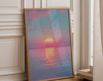 Synthwave Sunset Wall Art Print, Retro Futuristic Landscape, Neon 80s Aesthetic, Vaporwave Home Décor