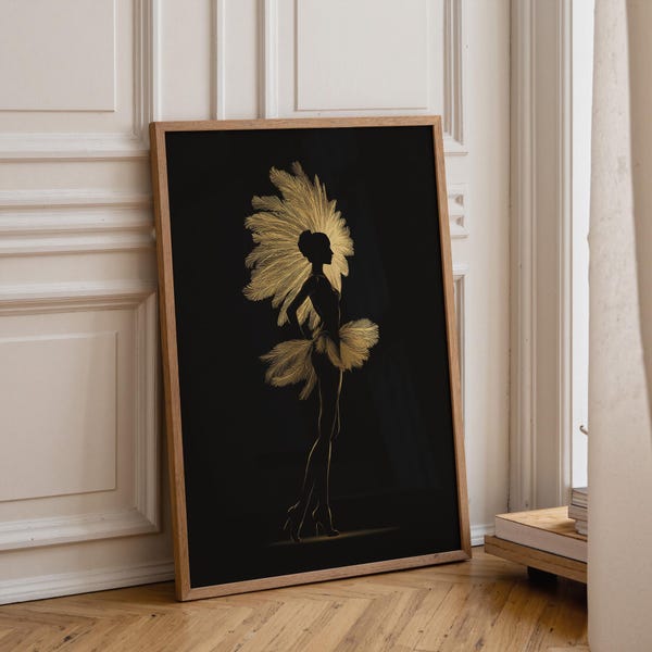 Gold Feather Silhouette Poster Print – Black and Gold Glam Wall Art – Burlesque Décor – Vintage Showgirl Art – Retro Kitchen Wall Décor KWC