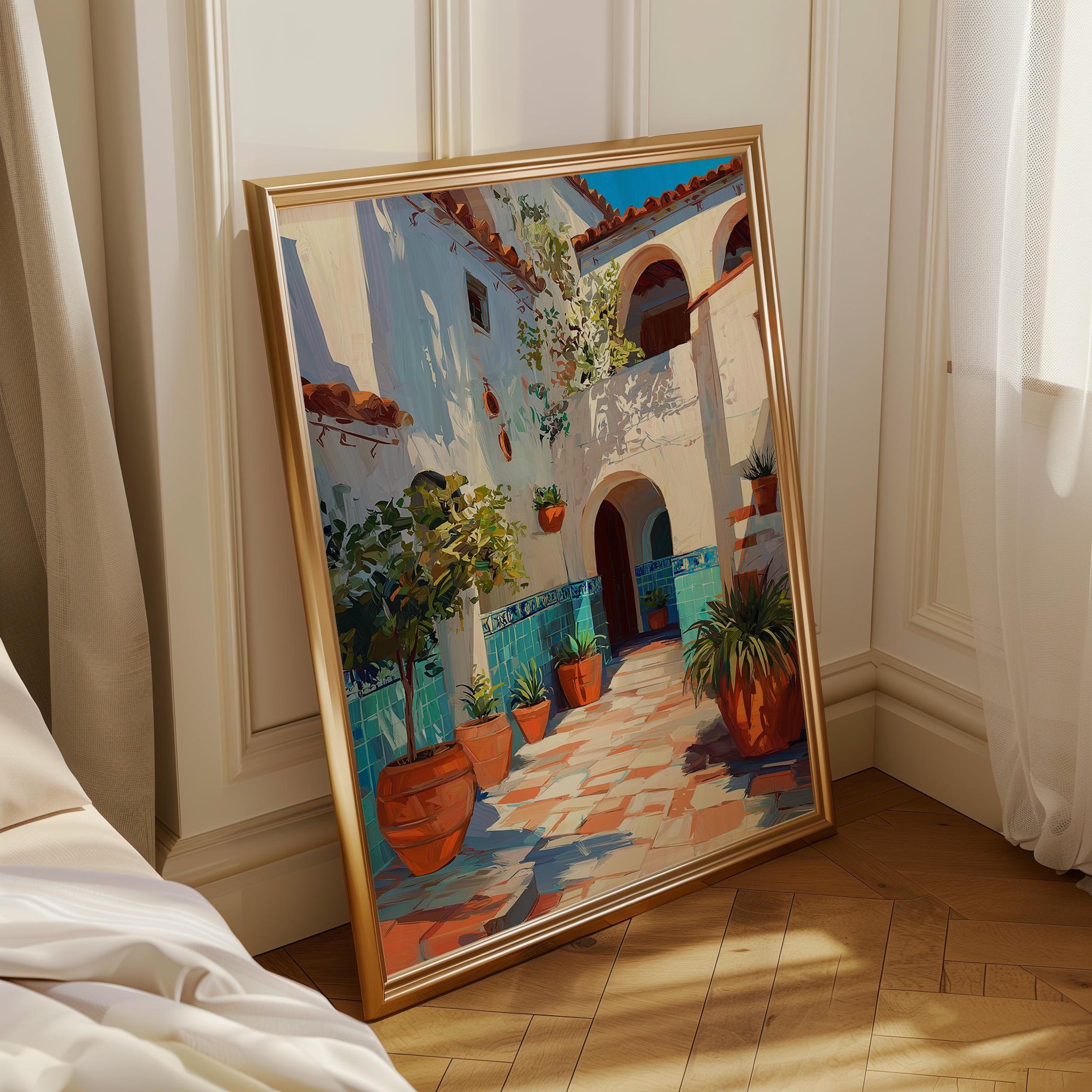 Mediterranean Courtyard Wall Art Print, Spanish Patio Painting, Sunlit ...