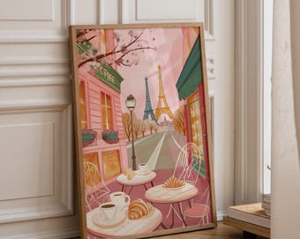 Paris Café Art Print | Cosy French Coffee Shop Illustration | Croissant and Eiffel Tower Wall Art | Warm Pastel Décor | Travel Poster | KWC