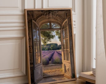 Lavender Field Window Wall Art, Provence Landscape Print, Rustic French Countryside Poster, Vintage Archway Decor, Cottagecore Wall Art