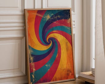 Lámina psicodélica de pared de los años 60, póster retro de remolino de arcoíris, decoración abstracta de vórtice de los años 60, arte moderno de mediados de siglo