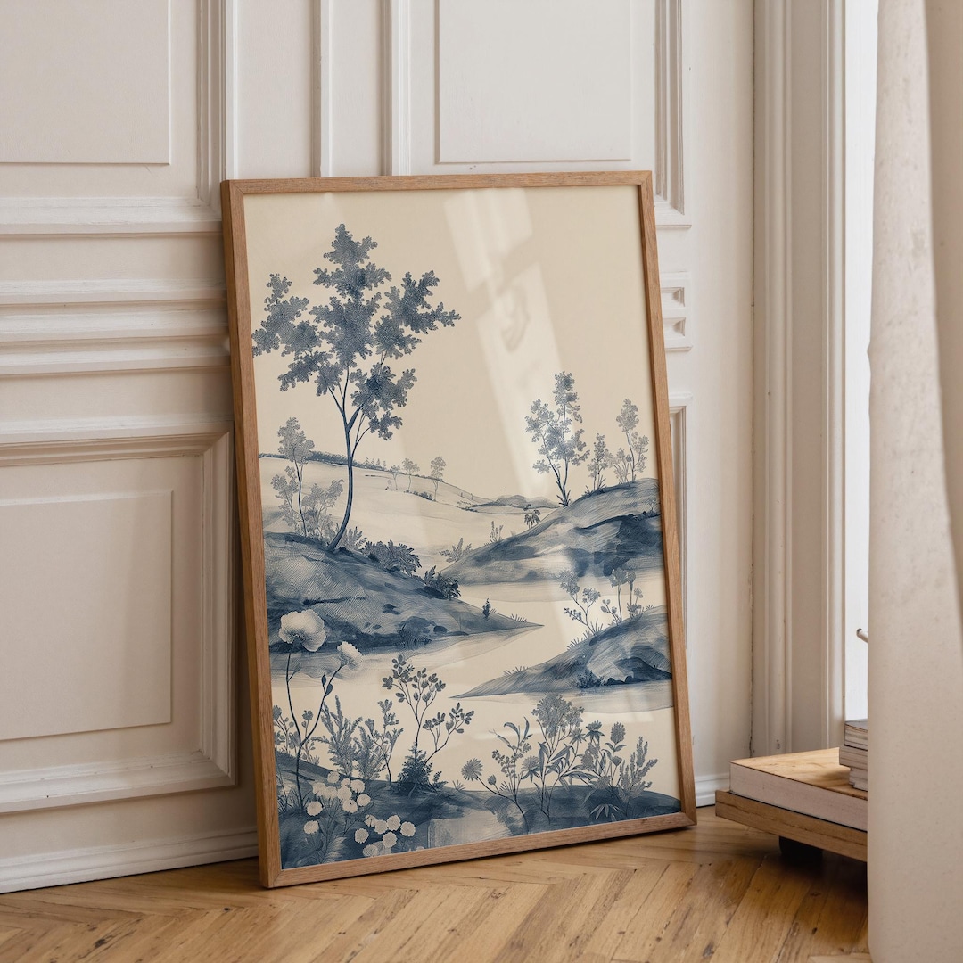 Grandmillennial Blue Landscape Wall Art, Vintage Chinoiserie Style ...
