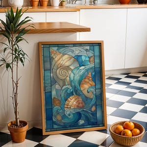 Stained Glass Seashell Wall Art, Coastal Ocean Illustration, Nautical Beach Décor, Art Nouveau image 2