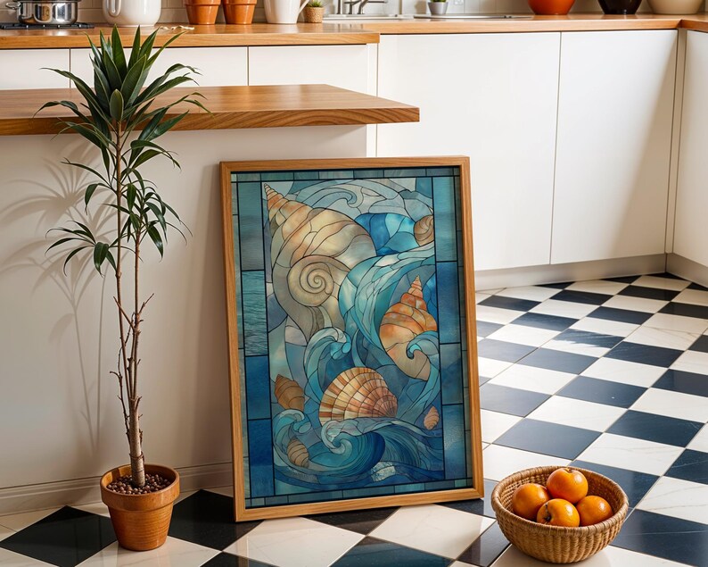 Stained Glass Seashell Wall Art, Coastal Ocean Illustration, Nautical Beach Décor, Art Nouveau image 2