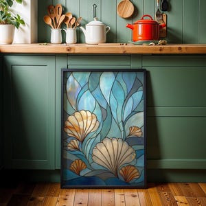 Stained Glass Seashell Wall Art, Coastal Ocean Illustration, Nautical Beach Décor, Art Nouveau imagen 4