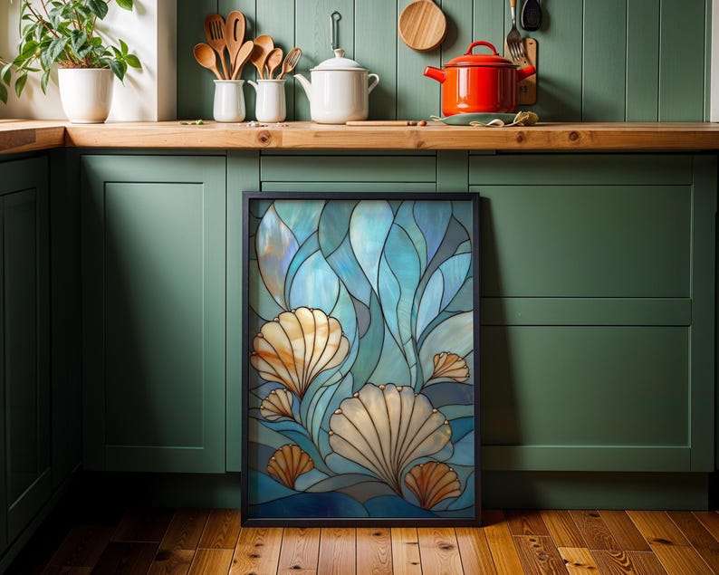 Stained Glass Seashell Wall Art, Coastal Ocean Illustration, Nautical Beach Décor, Art Nouveau imagen 4