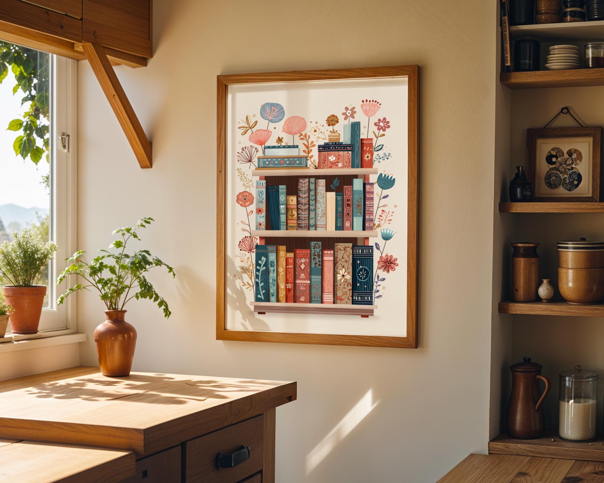 Floral Bookshelf Art Print • Botanical Book Lover Décor • Whimsical ...