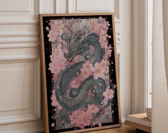 Cherry Blossom Dragon Art Print | Japanese Fantasy Wall Art | Mythical Creature Poster | Oriental Ink Style Illustration | Asian Mythology