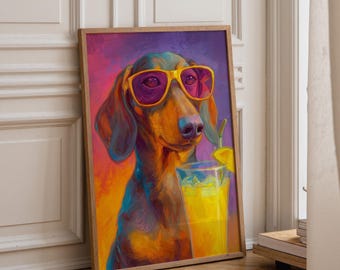 Dachshund Cocktail Art Print • Sausage Dog Margarita Wall Art • Colourful Dachshund Illustration • Fun Dog Bar Décor • Lime Drink Artwork