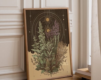 Puede incluir: Una lámina de arte mural vertical enmarcada con una ilustración botánica de varias hierbas verdes y tallos de lavanda morados. El fondo está dividido entre marrón oscuro y crema, acentuado con finas líneas geométricas doradas y símbolos celestiales circulares.