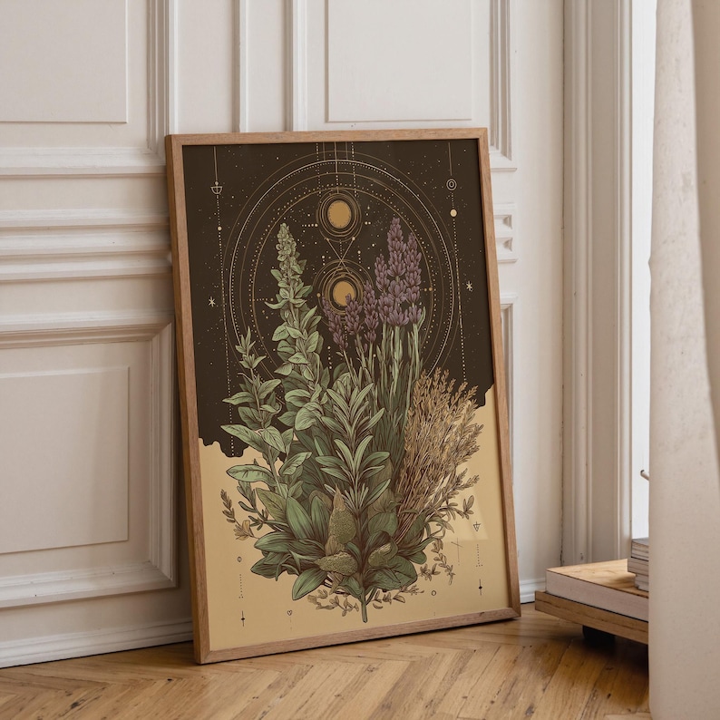 Celestial Herbal Print – Botanical Kitchen Witch Wall Art Poster | Astrology Wall Art | Cottagecore | Botanical Poster image 1