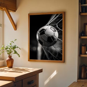 Football Wall Art Print, Soccer Goal Poster, Black White Sports Photography, Football Bedroom Decor, Soccer Ball Net Print (Framed Option) imagen 2