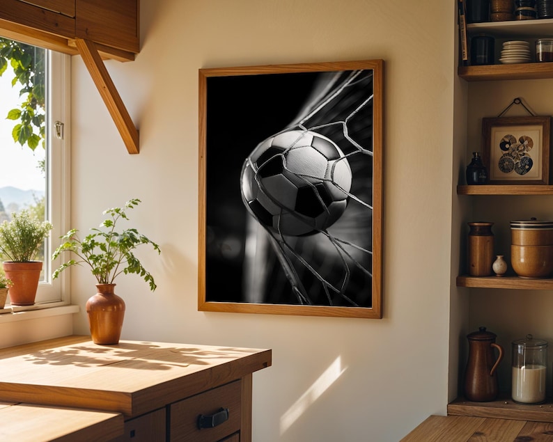 Football Wall Art Print, Soccer Goal Poster, Black White Sports Photography, Football Bedroom Decor, Soccer Ball Net Print (Framed Option) imagen 2