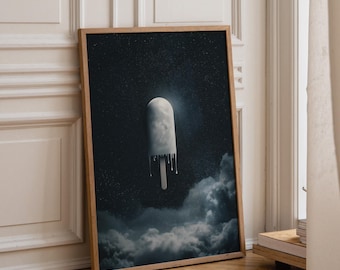Surreal Moon Popsicle Art Print, Melting Celestial Poster, Cosmic Night Sky Decor (Framed Option)