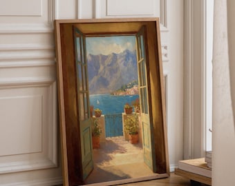 May include: A rectangular framed wall art print featuring an oil painting of an open doorway looking out onto a Mediterranean coastal scene with blue water, distant mountains, and a balcony with potted plants in terracotta containers.