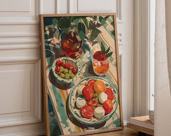 Arte de cocina mediterránea, lámina de tomate y mozzarella, póster de comida italiana, decoración rústica