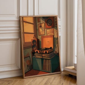 May include: A framed illustration of a room with a vintage record player, speakers, and framed artwork. The record player is orange, and the room has a warm, inviting color palette. The artwork is leaning against a white wall.