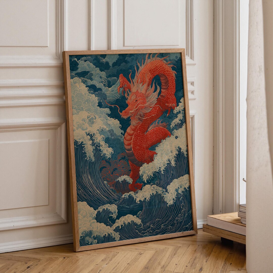 Red Dragon Art Print | Japanese Chinese Mythical Creature | Ocean Wave ...