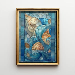 Stained Glass Seashell Wall Art, Coastal Ocean Illustration, Nautical Beach Décor, Art Nouveau image 6
