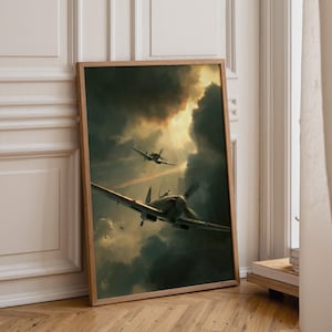 WW2 Fighter Plane Wall Art, Vintage Aviation Poster Print, Military Aircraft Decor, Dramatic War Sky Artwork for Office (Framed Option) KWC