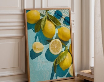 Lemon Wall Art Print, Mediterranean Kitchen Decor, Blue Yellow Fruit Artwork, Modern Citrus Poster, Summer Kitchen Wall Art, Coastal Food