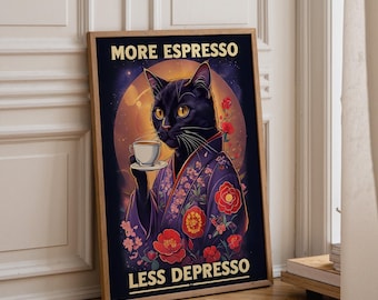 More Espresso Less Depresso Cat Print | Funny Coffee Wall Art | Cat Lover Gift | Whimsical Espresso Poster | Cute Kitchen Décor