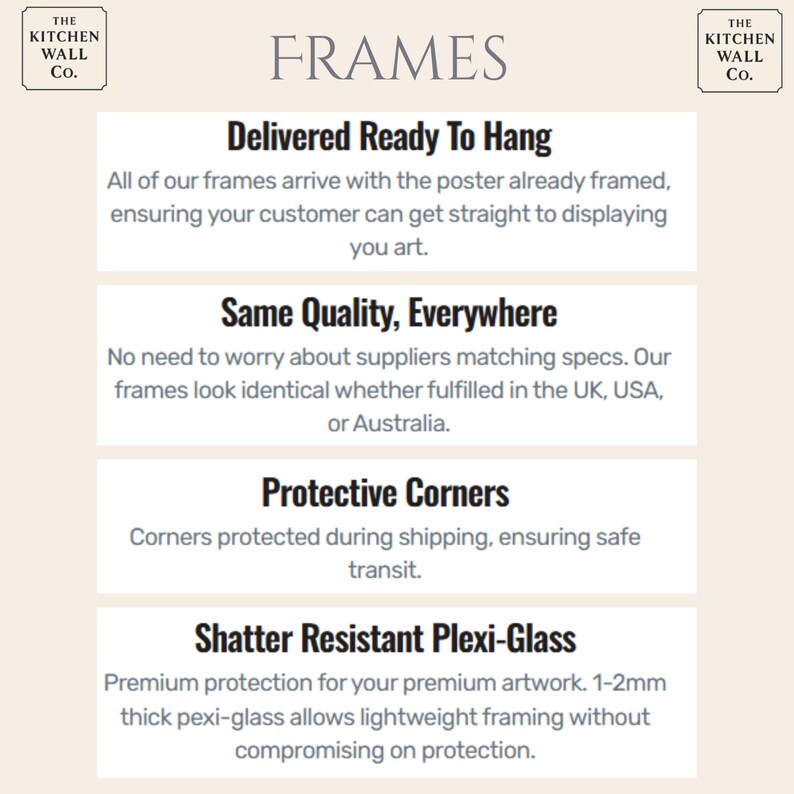 以下が含まれることがあります： 上部に「FRAMES」というテキストが入ったクリーム色のグラフィック画像。下には、「Delivered Ready To Hang」、「Same Quality, Everywhere」、「Protective Corners」、「Shatter Resistant Plexi-Glass」などの機能が説明されています。