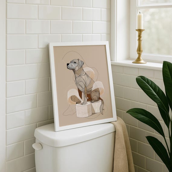 Funny Dog Toilet Paper Art Print • Modern Line Art Dog Illustration • Bathroom Wall Décor • Quirky Pet Lover Gift • Minimalist Dog Poster