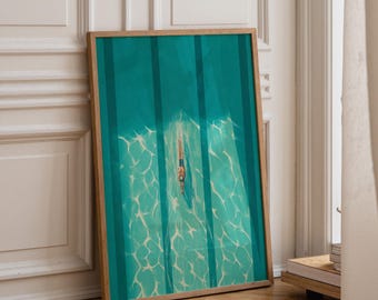 Swimming Pool Wall Art Print | Minimalist Swimmer Illustration | Modern Coastal Home Décor | Contemporary Summer Artwork