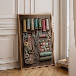 May include: A rectangular wooden display board featuring an assortment of sewing supplies, including multiple spools of thread in various colors, a long divided tray filled with assorted buttons, metal scissors, and loose buttons arranged on the surface.