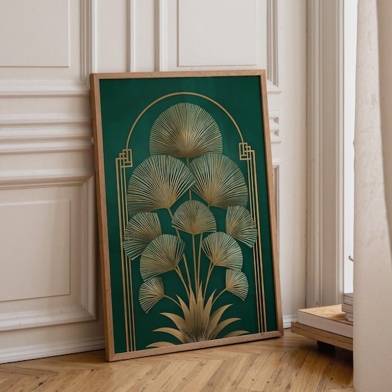 Art Deco Botanical Wall Art | Green Gold Plant Print | Elegant Leaf Illustration Poster