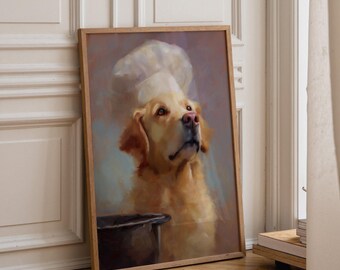 Chef Dog Art Print • Golden Retriever Cooking Wall Art • Funny Kitchen Décor • Whimsical Dog Chef Illustration • Cute Culinary Artwork