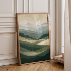 Puede incluir: Una impresión de arte mural vertical enmarcada que presenta una ilustración de paisaje estilizada con colinas onduladas en capas en tonos verde salvia, oliva y crema, una línea de bosque oscuro, siluetas de montañas y una bandera de golf.