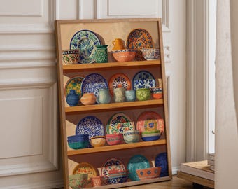 Hand-Painted Mexican Pottery Print • Colourful Talavera Kitchen Art • Rustic Ceramic Dish Shelf Illustration • Vibrant Southwestern