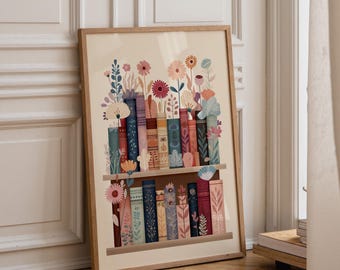 Floral Bookshelf Art Print • Botanical Book Lover Décor • Whimsical Library Wall Art • Bookish Gift • Reading Nook