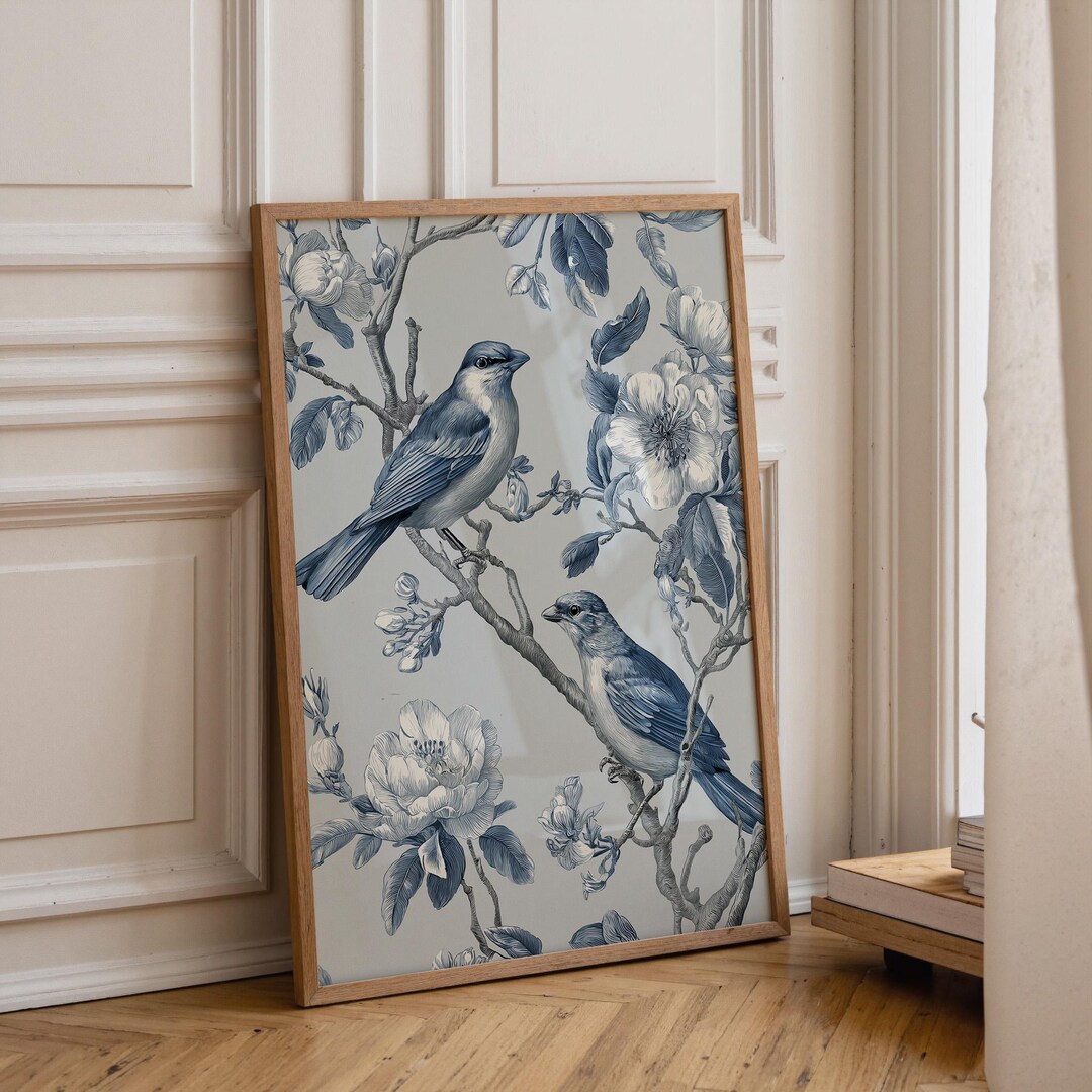 Chinoiserie Bird Wall Art • Blue and White Botanical Print • Vintage ...