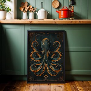 Art Deco Octopus Wall Art Print, Luxury Nautical Décor, Teal and Gold Ocean Artwork, Statement Coastal Office Art, Kraken Poster image 3